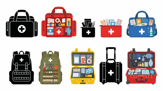 Vector collection featuring different first aid kit designs, emergency kit, compact medical kit, travel first aid kit, outdoor survival kit, waterproof aid kit, professional medical case