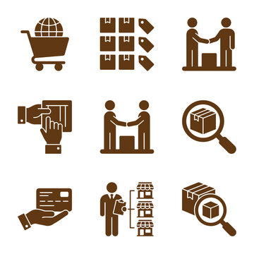 Delivery And Shopping Icons Flat Brown Silhouette Style On White