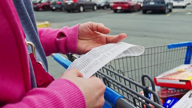 A person looks at a shopping receipt while standing by a cart filled with items. Many cars park in the lot as they review the list of purchased items