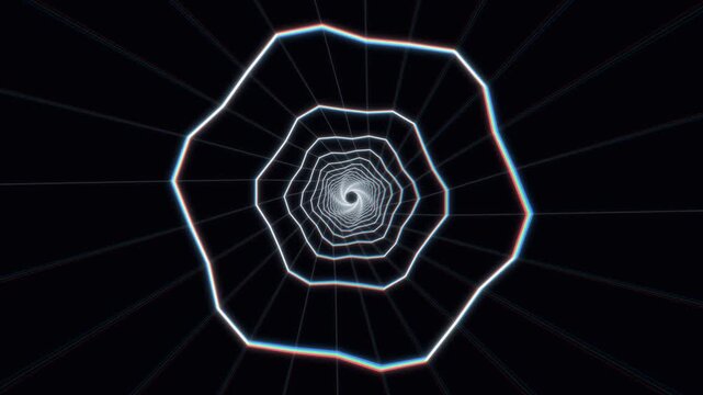 Neon wireframe tunnel with chromatic aberration on black background