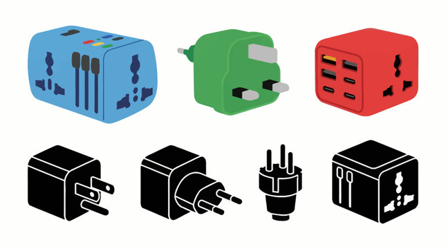 Vector collection featuring different travel adapter designs, universal travel adapter, European adapter, UK adapter, US adapter, international converter, multi-port travel adapter