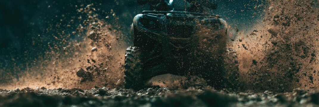 Low-angle close-up of an all-terrain vehicle churning through mud and dirt