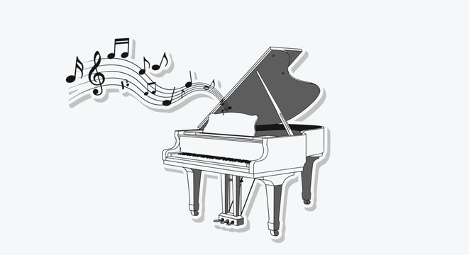 Classic white grand piano with beautiful black and white musical notes floating gracefully on a light grey background.
