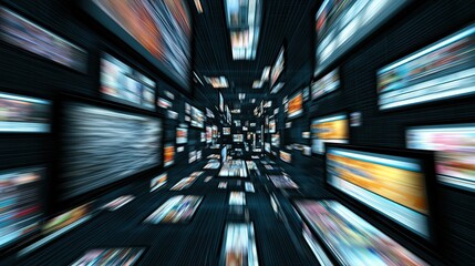 Fototapeta premium Infinite screens in a dark, deep tunnel, blurring into the distance