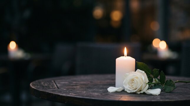 Solemn memorial scene with a burning white candle and a single white rose on a wooden table at night for remembrance day