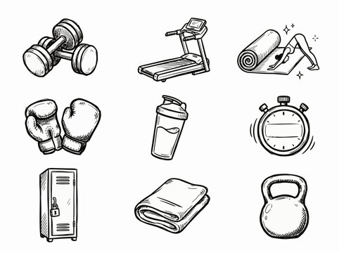 Fitness equipment and workout gear icons.