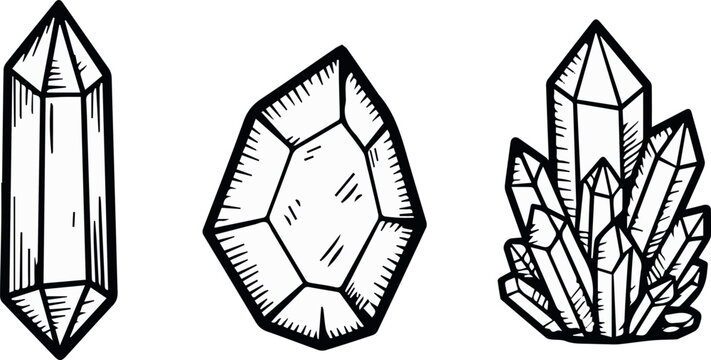 crystal faceted gem prism cluster vector outline icons