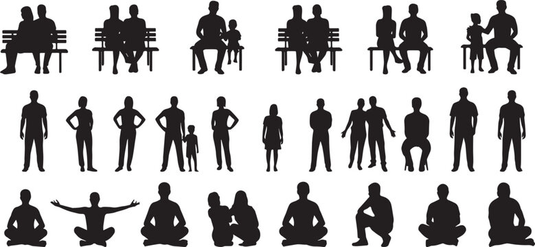 People silhouettes collection, family adults and children sitting standing meditating together, black shadow human characters vector illustration set