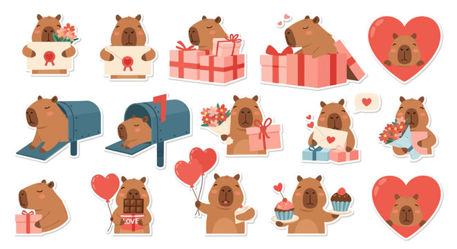 Cute Capybara Illustrations Set for Valentine's Day with Love Hearts and Romantic Gift Boxes