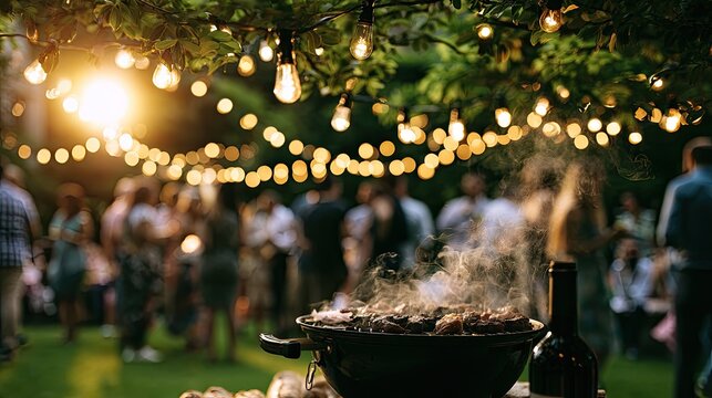 Evening garden party with glowing string lights over a barbecue