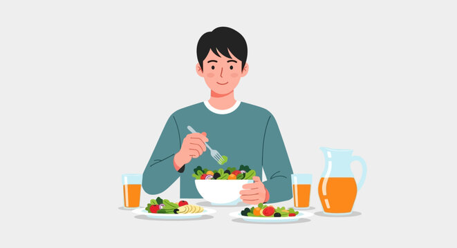 Healthy lifestyle concept with a man eating green salad and drinking juice for fitness and nutrition