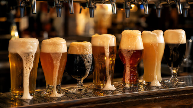 A vibrant display of various beers in different glasses, showcasing diverse colors and foam textures at a bar.