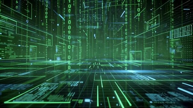 Futuristic digital cityscape with flowing binary code and data streams creating a vibrant tech