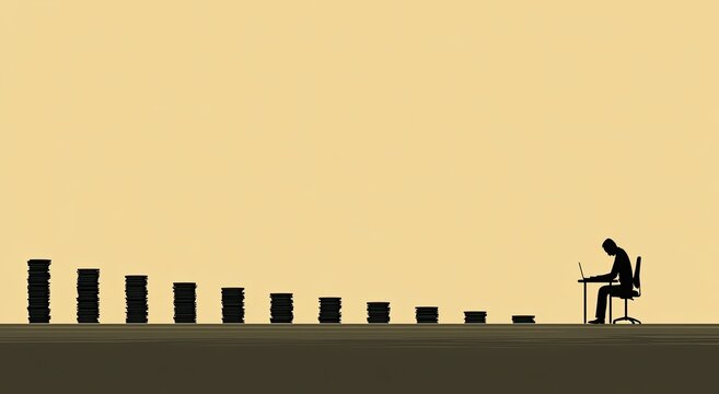Silhouette of person at laptop beside decreasing stack of coins