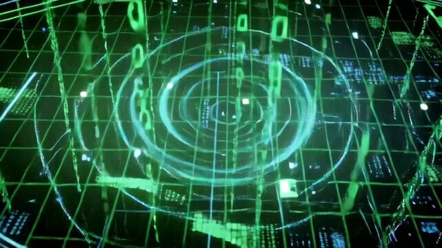 Futuristic Digital Network Grid with Falling Binary Code Animation