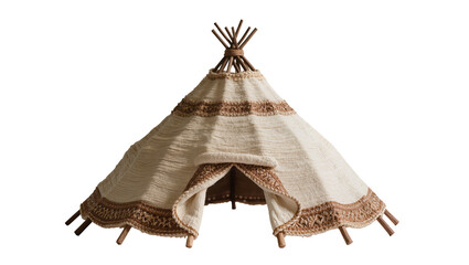 Isolated handmade small teepee tent, cozy rustic decor crafted from woven textiles and wood sticks © Lucas