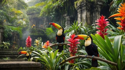 Obraz premium Vibrant toucans perched on branches amidst lush tropical foliage and ancient ruins in a serene jungle setting