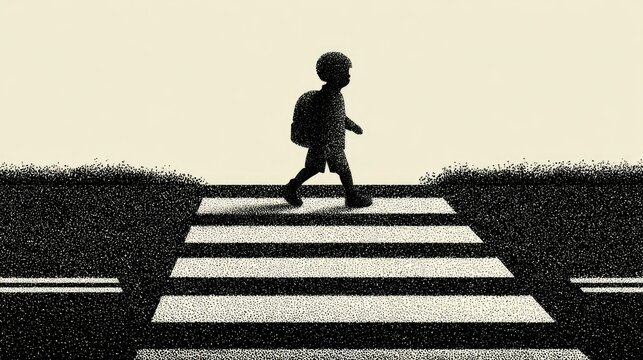A solitary child with a backpack crosses a zebra crossing