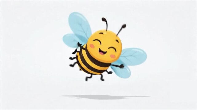 Cute 2D cartoon bee flying, happy honey bee character loop animation on solid white background