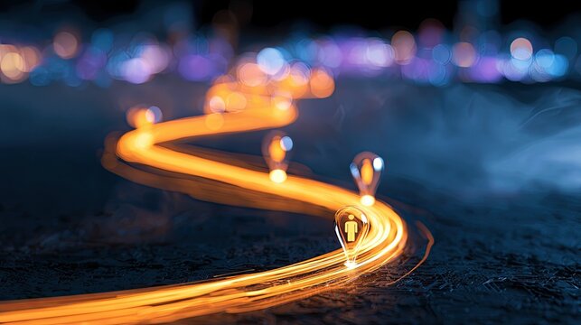 Glowing trail of light bulbs on dark, smoky surface