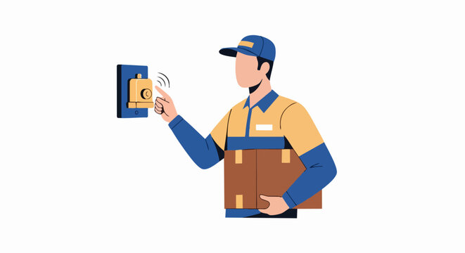 Delivery Man in Uniform Ringing Doorbell Holding Cardboard Box Parcel Flat Illustration