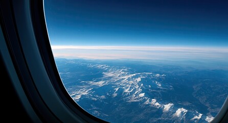Obraz premium View from airplane window of sunlit snow-capped mountains beneath vast blue sky