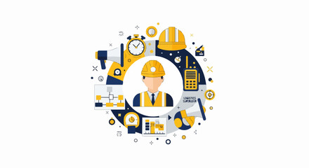 Fototapeta premium Logistics Supervisor and Supply Chain Management Flat Vector Illustration with Industrial Icons like Safety Helmet, Walkie-Talkie, Megaphone, and Project Planning Charts