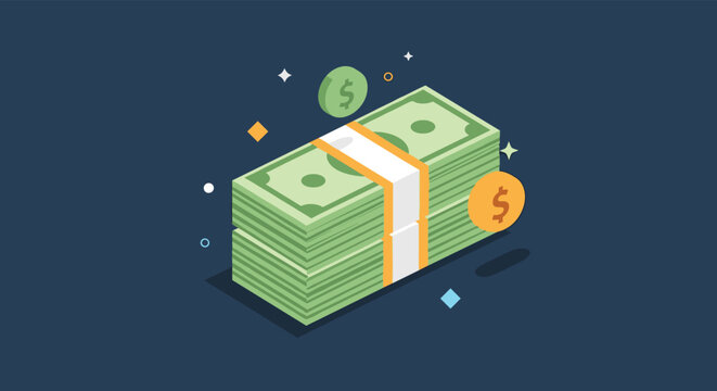 Isometric stack of green dollar bills tied with a white band, surrounded by gold coins and shiny star sparkles.