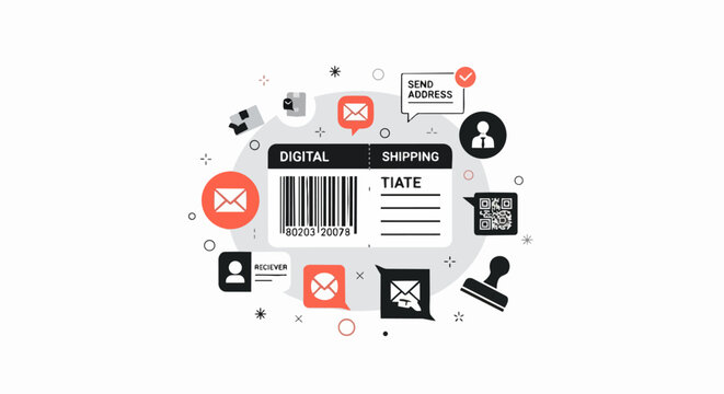 Digital Shipping Label and E-commerce Logistics Icon Set for Online Delivery, Barcode and QR Code Tracking Concept Illustration