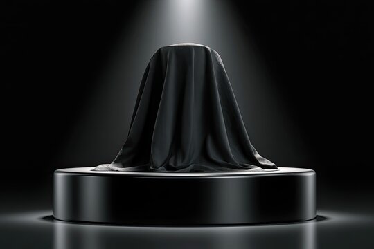 A mysterious object draped in black fabric sits on a lit pedestal