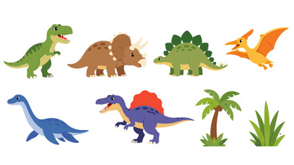 Cute cartoon dinosaur set with prehistoric animals and plants © icon_art