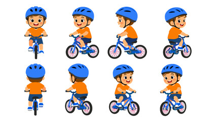 Naklejka premium Cartoon boy riding bicycle in multiple angles set