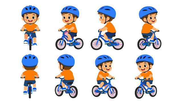 Cartoon boy riding bicycle in multiple angles set
