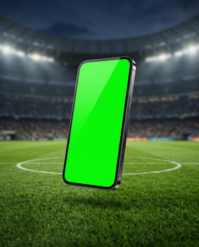Smartphone mockup floating on football field with stadium background, green screen phone, sports app, game interface, advertising, digital marketing, copy space