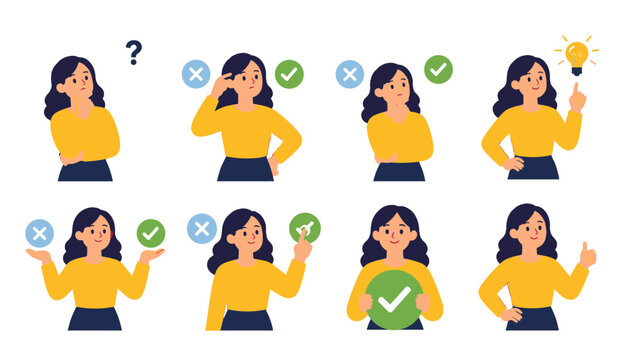 Set of woman thinking choosing and approving flat vector poses