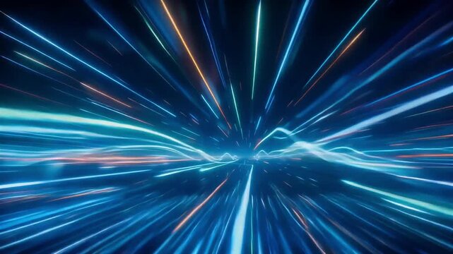 Glowing blue and orange light streaks racing through a dark digital tunnel motion video clip