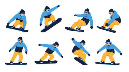 Naklejka premium Set of snowboarder poses in flat vector style