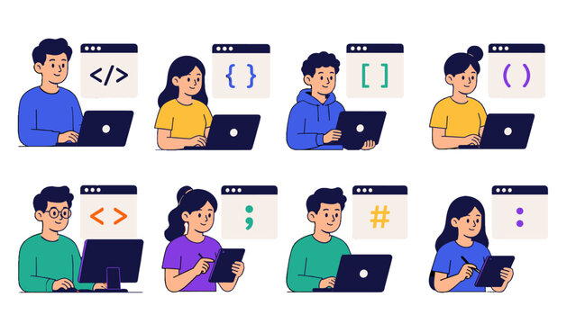 Programmers and coders using laptops with coding symbols set