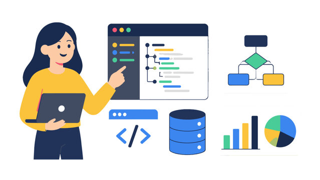Female developer with laptop and software diagrams vector illustration