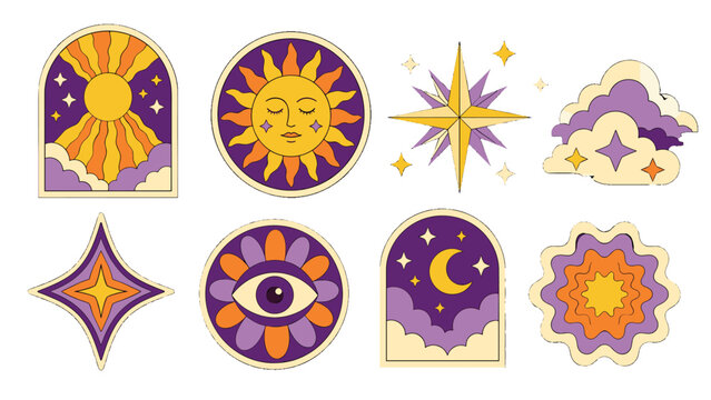 Mystical celestial icon set with sun moon stars and eye