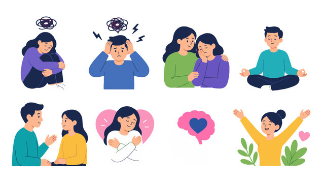 Mental wellness and emotional support flat vector set