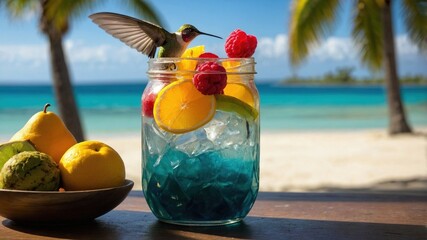 Obraz premium Vibrant tropical drink with fruits and a hummingbird near a serene beach under a clear sky