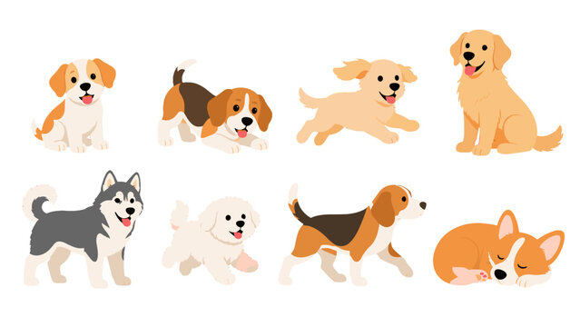 Set of cute cartoon dogs in different poses on white
