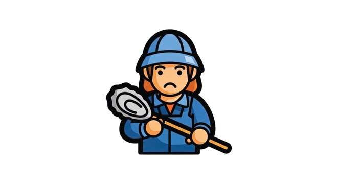 Cartoon plumber holding magnifying glass.
