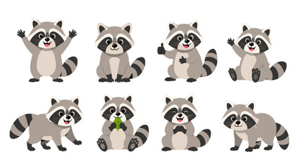 Cute cartoon raccoon characters set in different poses © icon_art