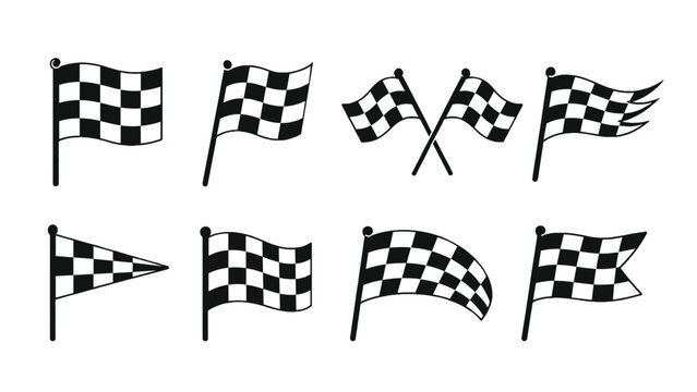 Set of black and white checkered racing flags icons