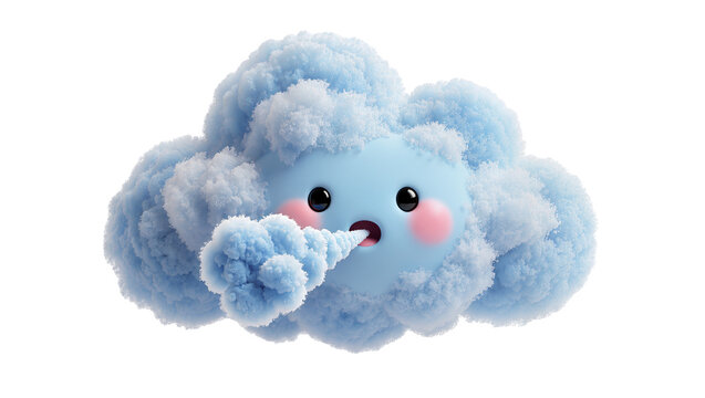 Isolated adorable fluffy blue cloud character blowing a stream of soft particles with a cheerful face