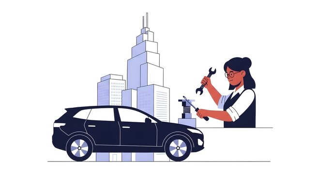 Mechanic fixing car with cityscape background illustration