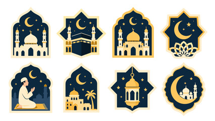 Set of Islamic decorative badges with mosque, crescent and lantern © icon_art