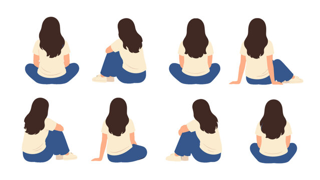 Set of seated woman back view poses in flat vector style